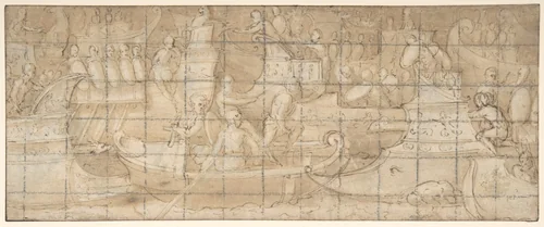 Antique Naval Battle (recto); A Battle Scene (verso) by Lattanzio Gambara, drawing, 1550-1555