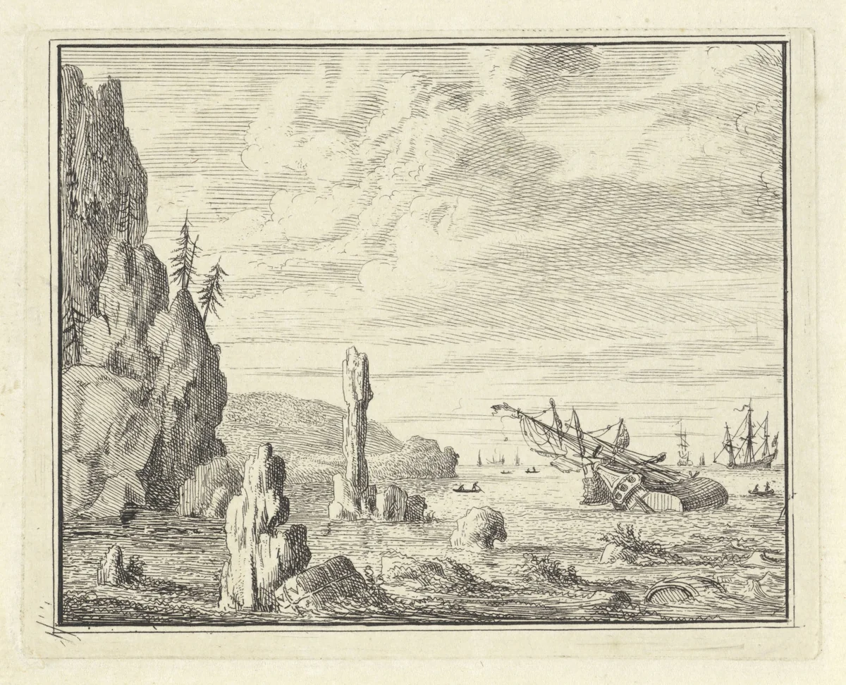 Schipbreuk bij een kust by Vincent Laurensz. van der Vinne, print, 1714