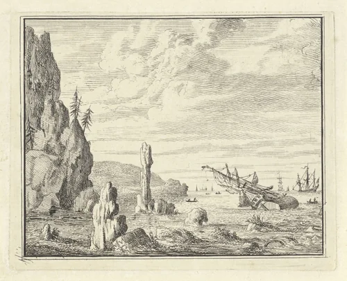 Schipbreuk bij een kust by Vincent Laurensz. van der Vinne, print, 1714