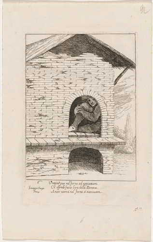 Bertoldo Hiding in a Furnace by Giuseppe Maria Crespi, print, 1705-1715