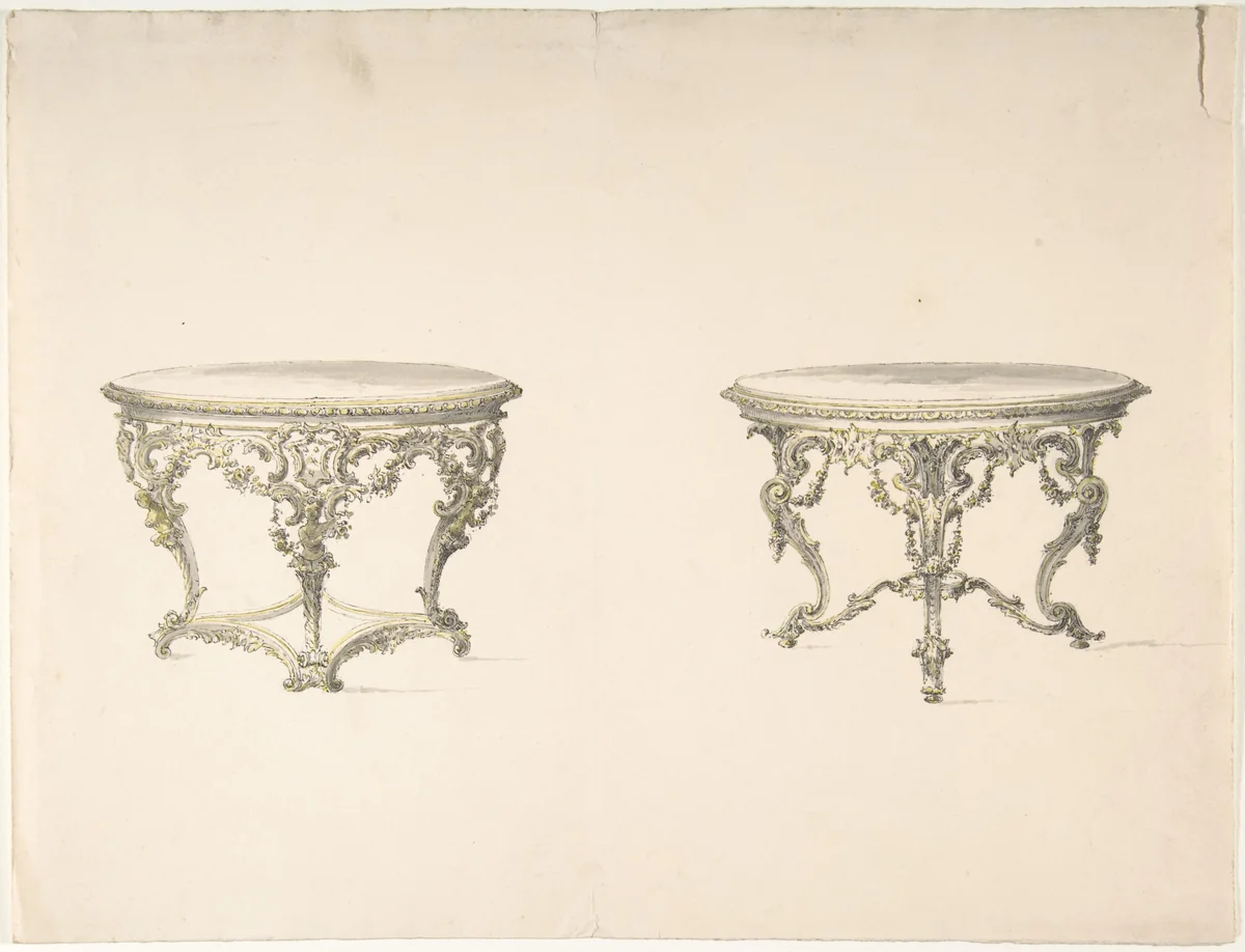 Design for Two Round Tables with Foliate Rococo Style Carving by anonymous, drawing, 1800-1850