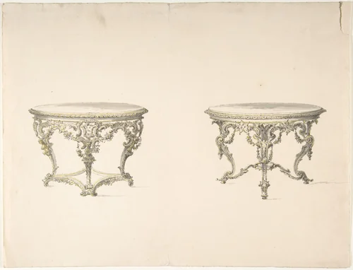 Design for Two Round Tables with Foliate Rococo Style Carving by anonymous, drawing, 1800-1850