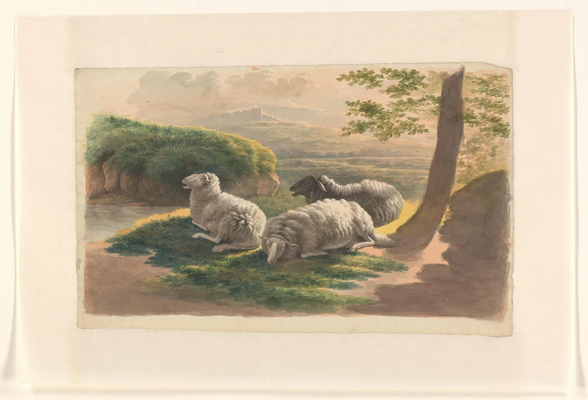 Drie schapen in een landschap bij zonsondergang by Johannes van Reijn, drawing, 1800-1900