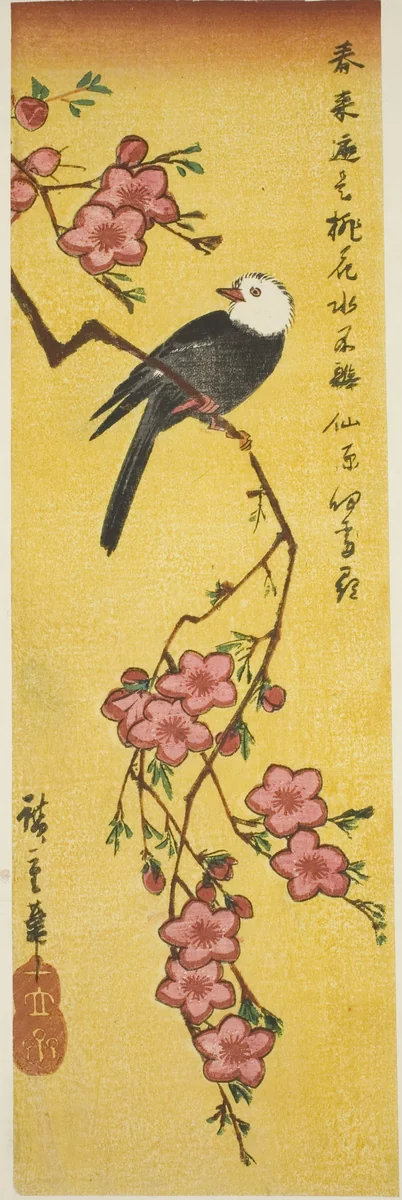 White-headed bird on peach branch by Utagawa Hiroshige (歌川広重), print, 1835-1845