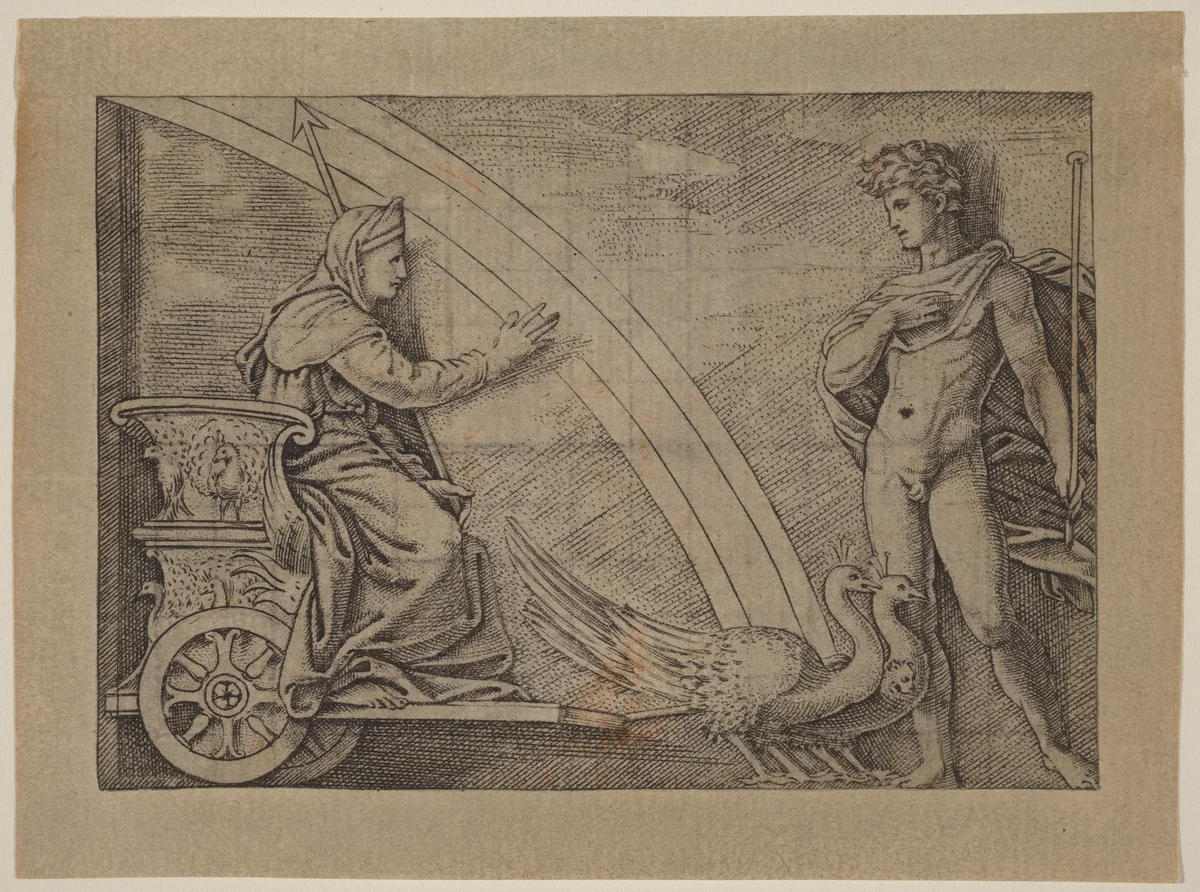 Juno in a Chariot Pulled by Peacocks by Marcantonio Raimondi, print, 1500-1599
