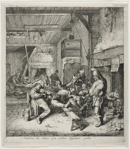 Violin Player Seated in the Inn by Cornelis Dusart, print, 1680-1690