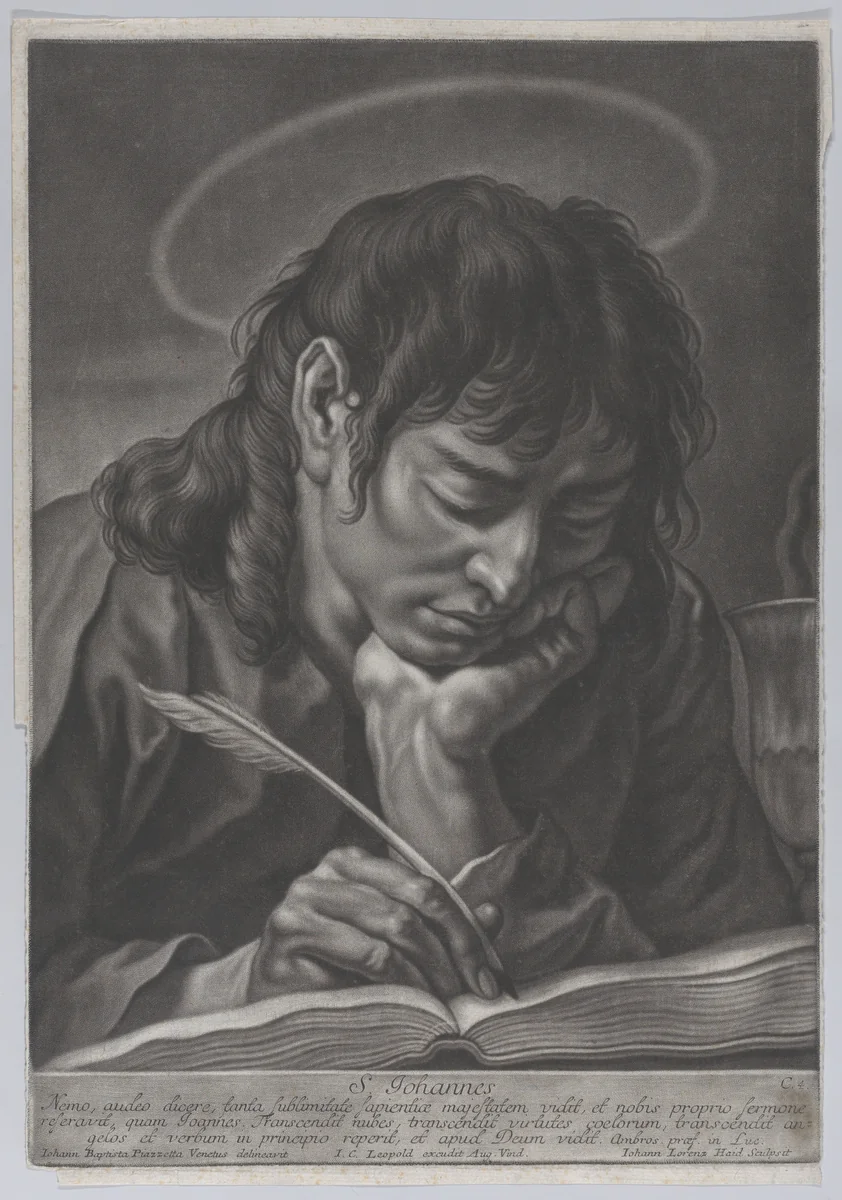 Saint John the Evangelist; head and shoulders, writing with a quill by Johann Lorenz Haid, print, 1745-1765