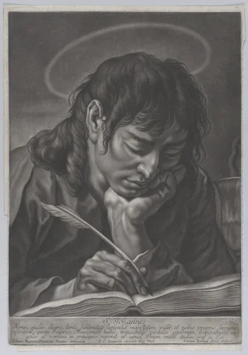 Saint John the Evangelist; head and shoulders, writing with a quill by Johann Lorenz Haid, print, 1745-1765