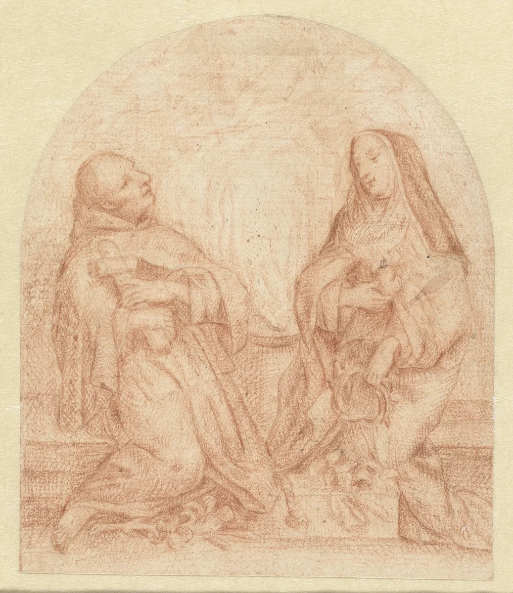 Knielende monnik en non by anonymous, drawing, 1600-1699