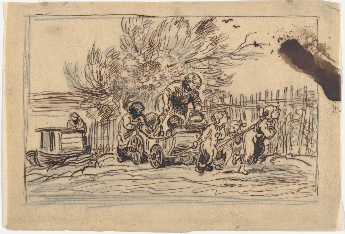 Taking Over the Cart or Children with the Cart by Charles-François Daubigny, drawing, 1862
