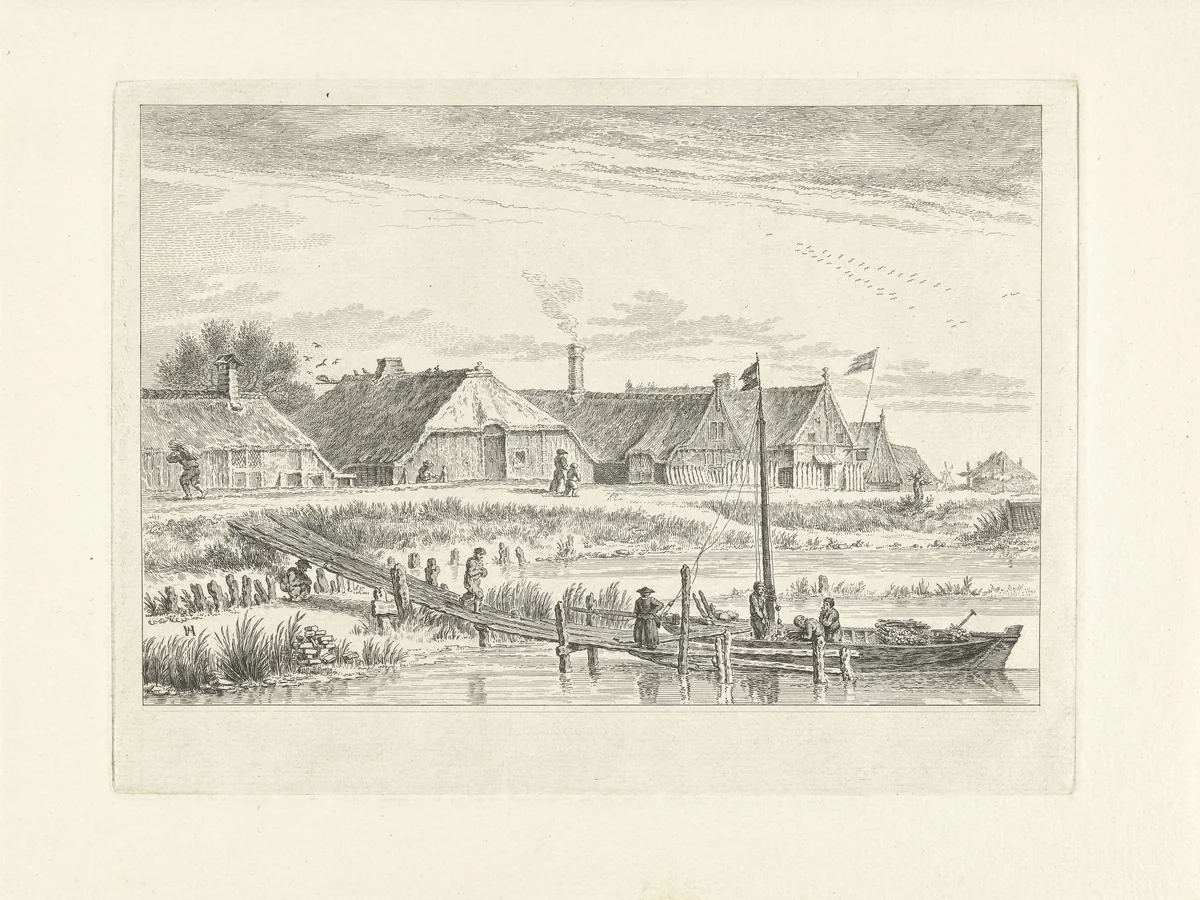 Schellingwoude vanaf de waterkant, 1619 by Simon Fokke, print, 1722-1784