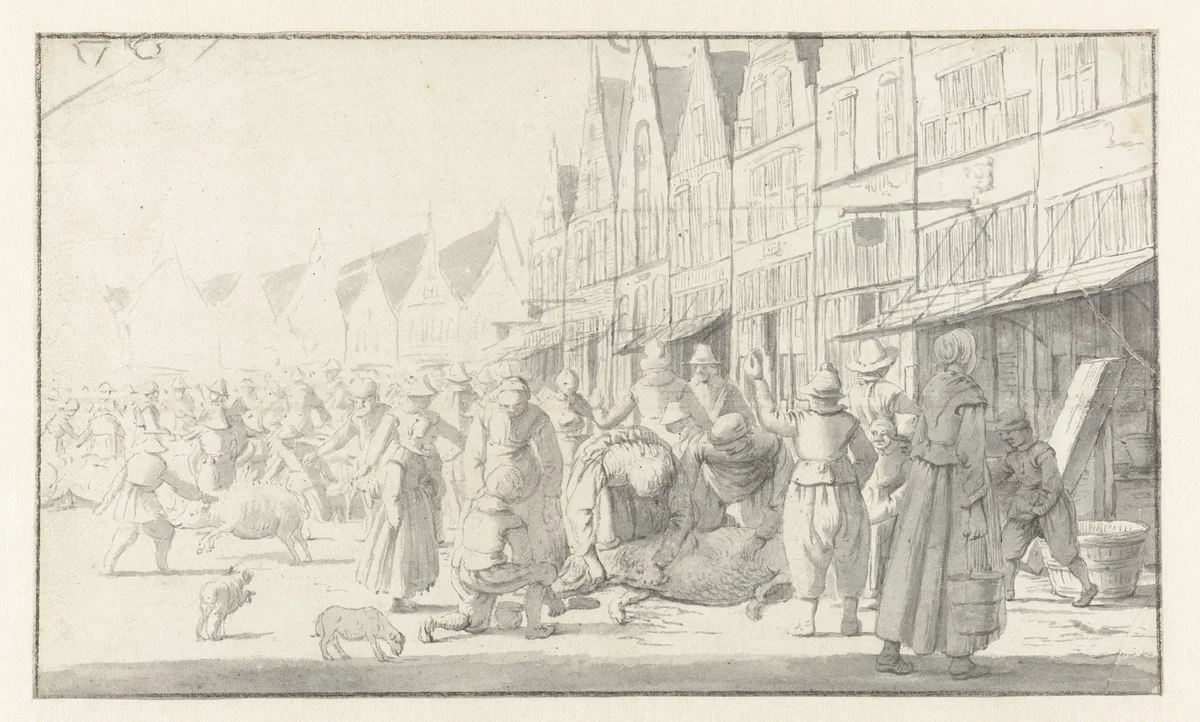Varkensmarkt by anonymous, drawing, 1603-1691