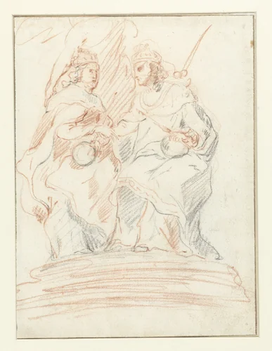 Koning en een koningin op een troon, achter hen staat Fama by anonymous, drawing, 1700-1800