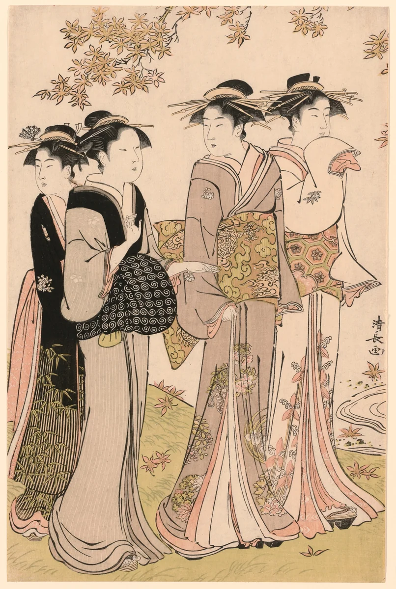 Beauties Under a Maple Tree, from the series "A Collection of Contemporary Beauties of the Pleasure Quarters (Tosei yuri bijin awase)" by Torii Kiyonaga (鳥居清長), print, 1779-1789
