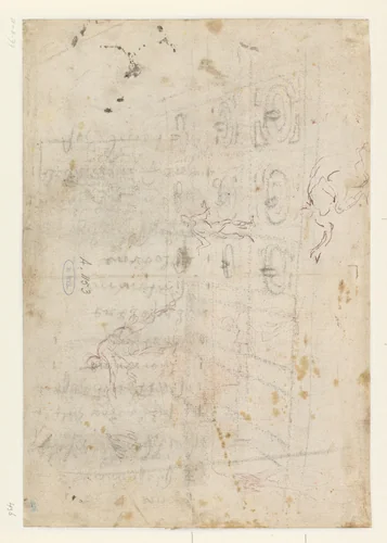 Schetsen van een ornamentale bloementuin en drie figuren by Hans Bol, drawing, 1560