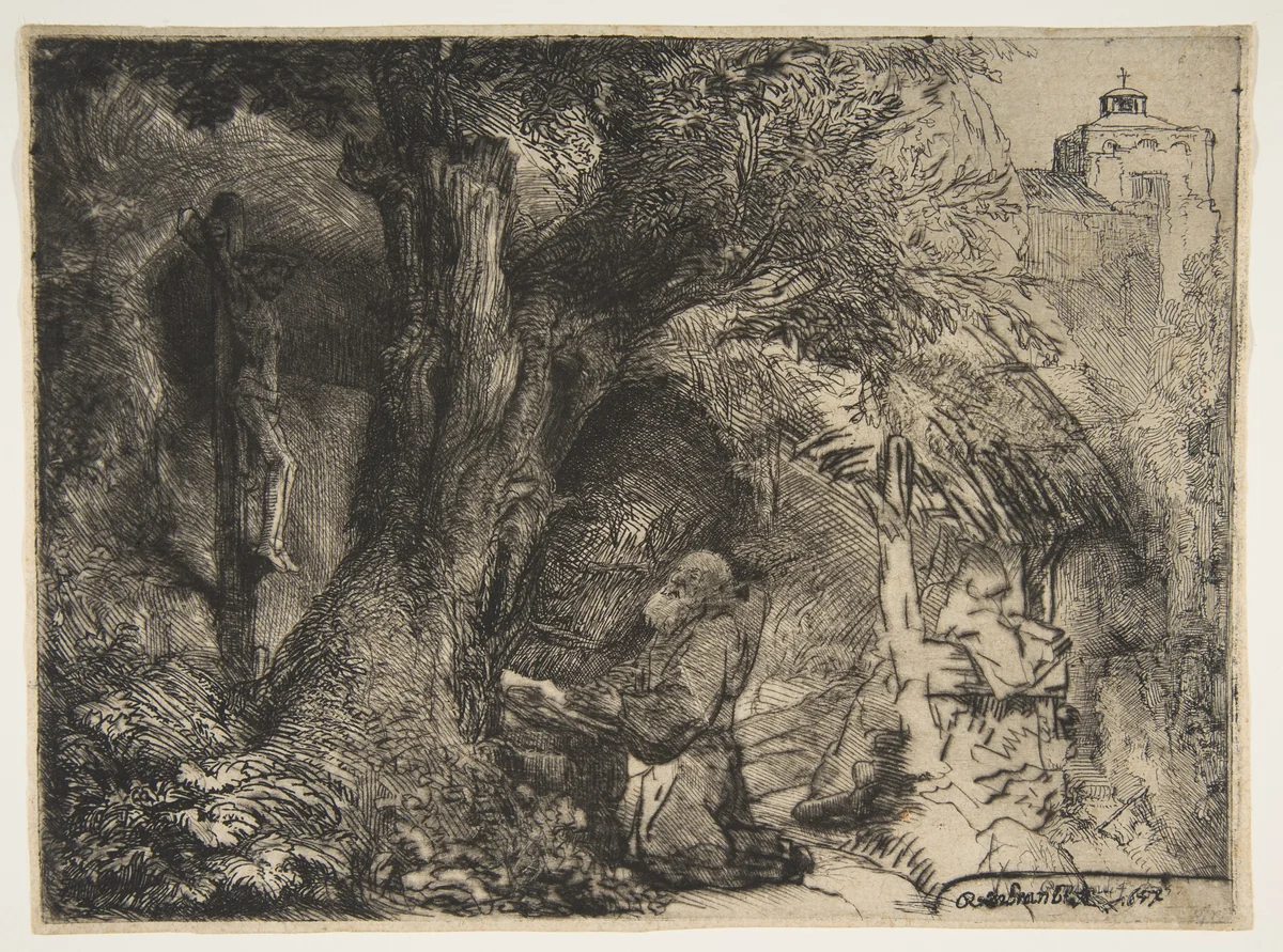 Saint Francis beneath a Tree, Praying by Rembrandt van Rijn, print, 1657