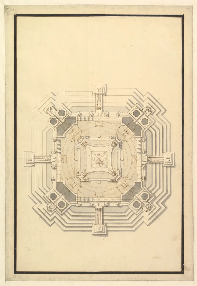 Ground Plan for a Catafalque for a Duke de Berri, probably Charles, Duke de Berri, Grandson of Louis XIV, and 3rd son of Louis, the Dauphin (1685–1714) by Giuseppe Galli Bibiena, drawing, 1696-1756
