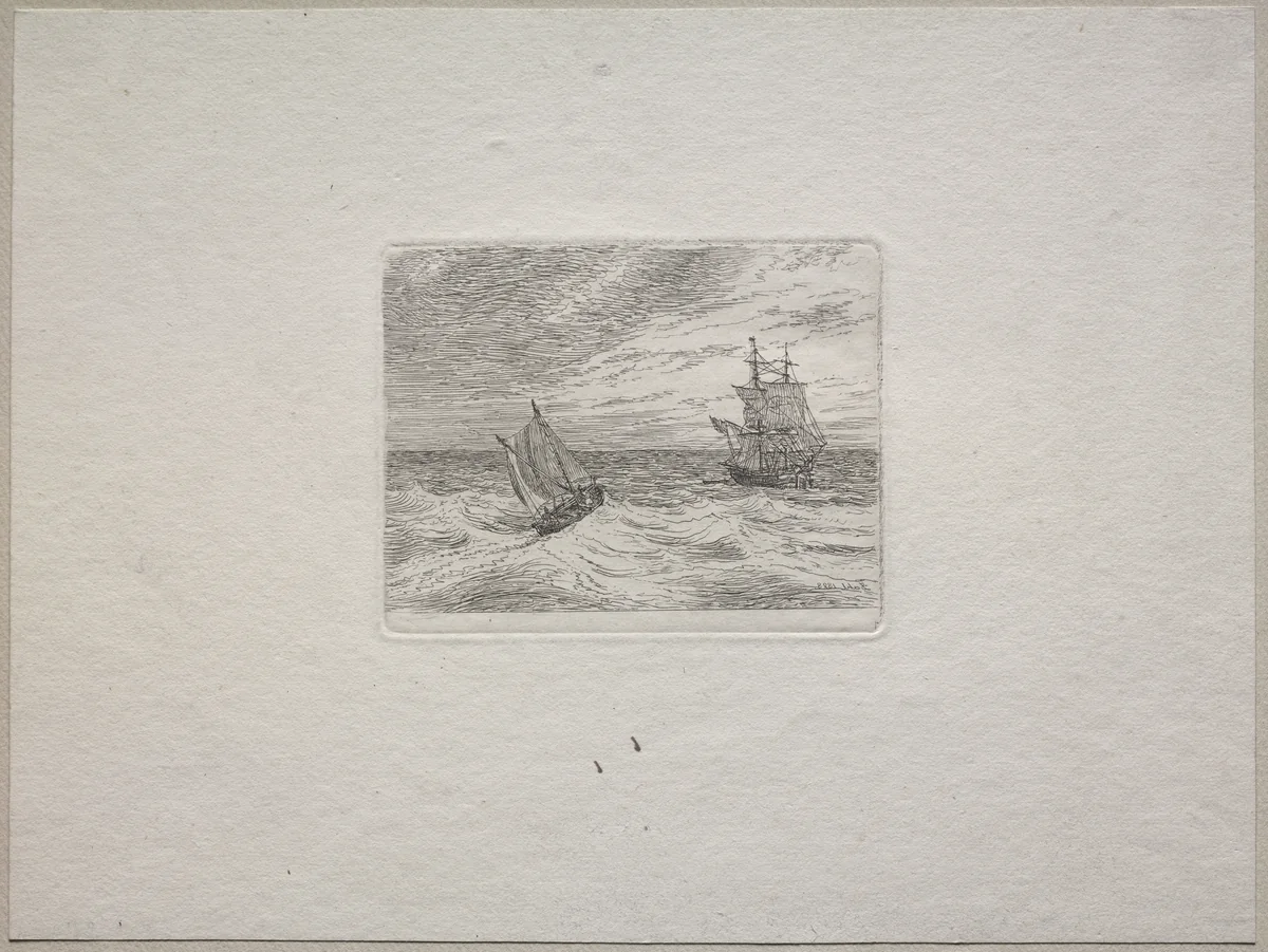 Rough Seas with a Two-master and Sailboat by Johann Christian Clausen Dahl, print, 1828