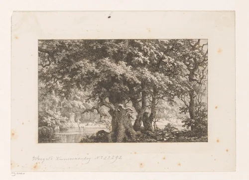 Bosgezicht met herten in een vijver by Joseph Hubert Blees, print, 1861