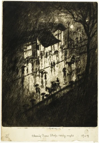 Rainy Night, Charing Cross Shops by Joseph Pennell, print, 1903
