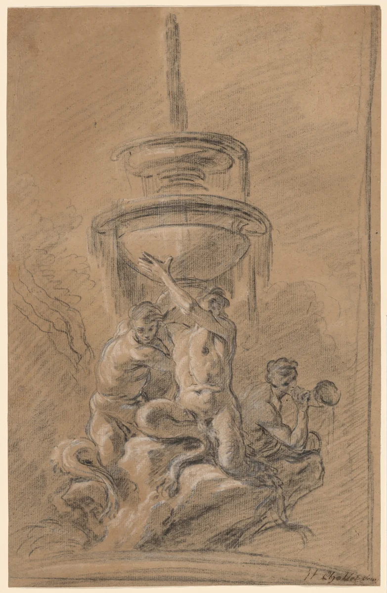 A Fountain with Three Tritons by Joseph Ignace François Parrocel, drawing, 1740
