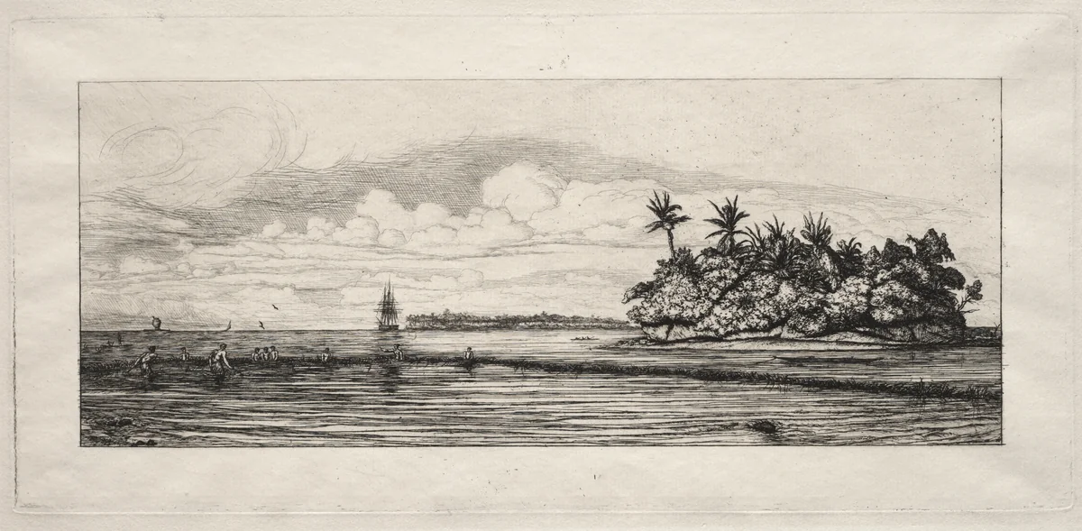 Oceania: Fishing near Islands with Palms in the Uea or Wallis Group by Charles Meryon, print, 1863