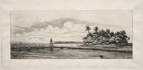 Oceania: Fishing near Islands with Palms in the Uea or Wallis Group by Charles Meryon, print, 1863