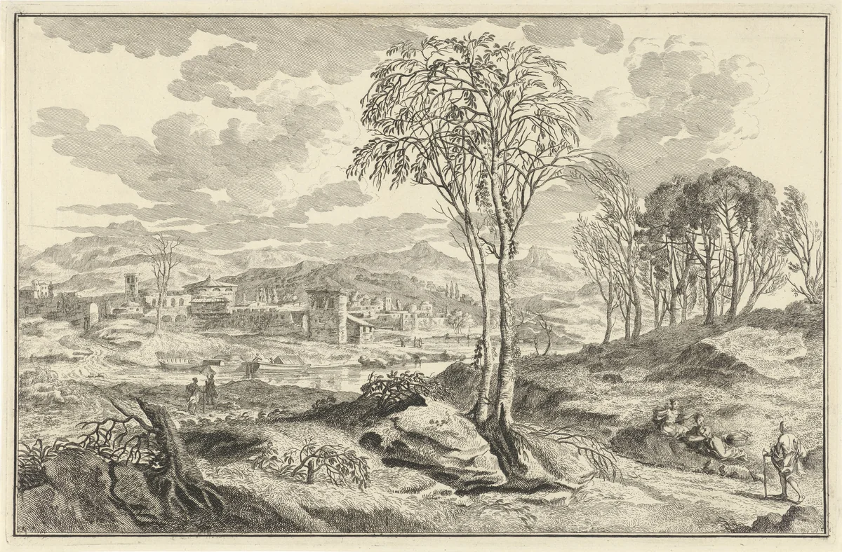 Arcadisch rivierlandschap met stad aan een rivier by Adolf van der Laan, print, 1710-1747