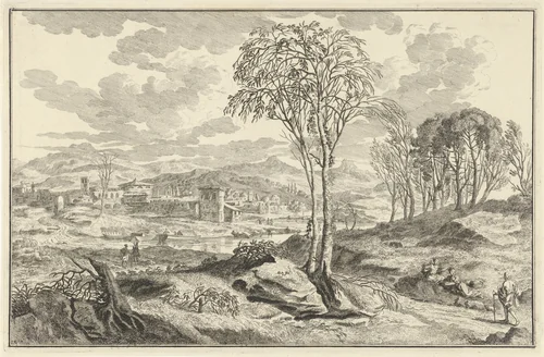 Arcadisch rivierlandschap met stad aan een rivier by Adolf van der Laan, print, 1710-1747