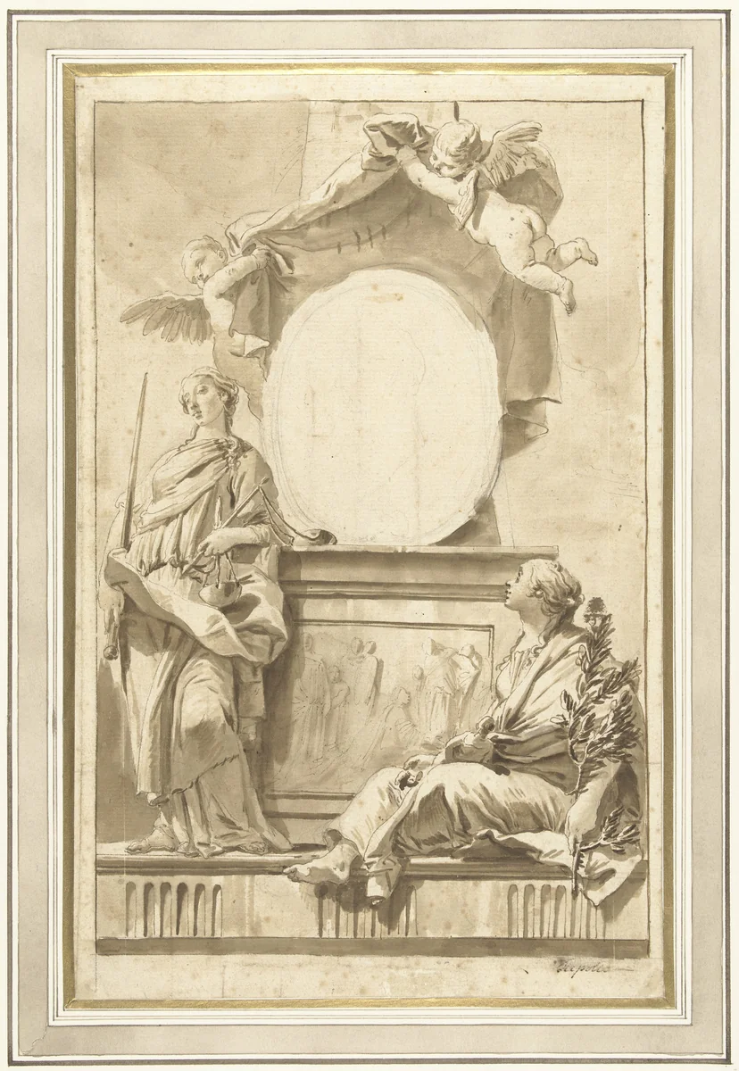 Ontwerp voor een titelblad met Pax en Justitia by Giovanni Battista Tiepolo, drawing, 1706-1732