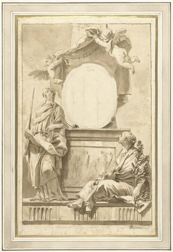 Ontwerp voor een titelblad met Pax en Justitia by Giovanni Battista Tiepolo, drawing, 1706-1732