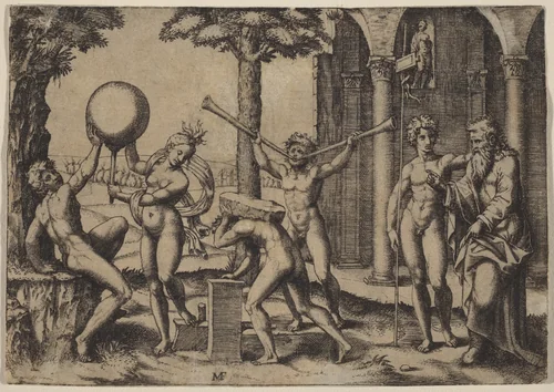 The Man with Two Trumpets by Marcantonio Raimondi, print, 1510-1527
