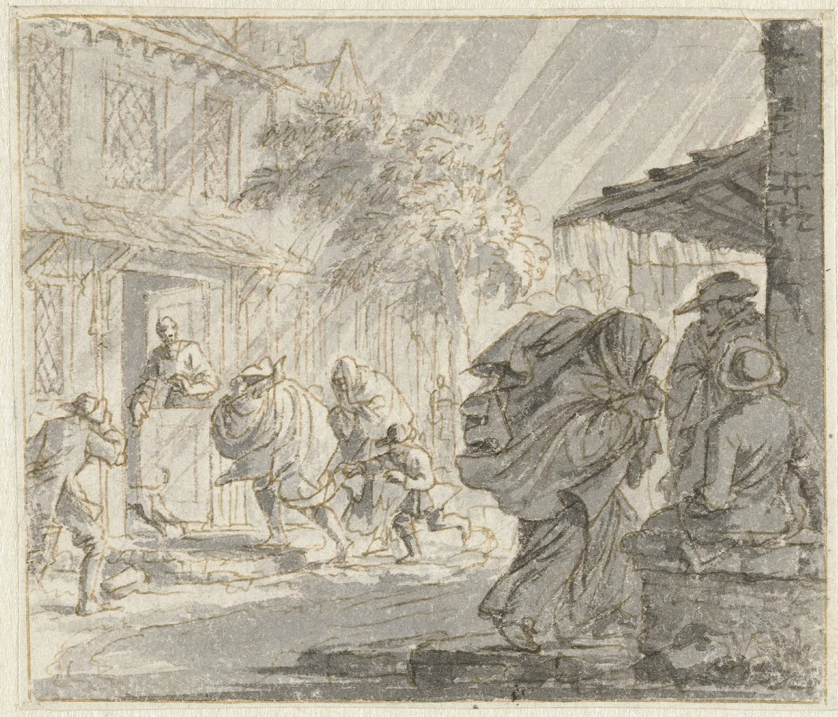 Straatgezicht met zware wind en regen by Jan Luyken, drawing, 1698-1700