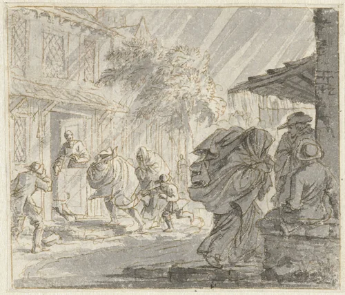 Straatgezicht met zware wind en regen by Jan Luyken, drawing, 1698-1700