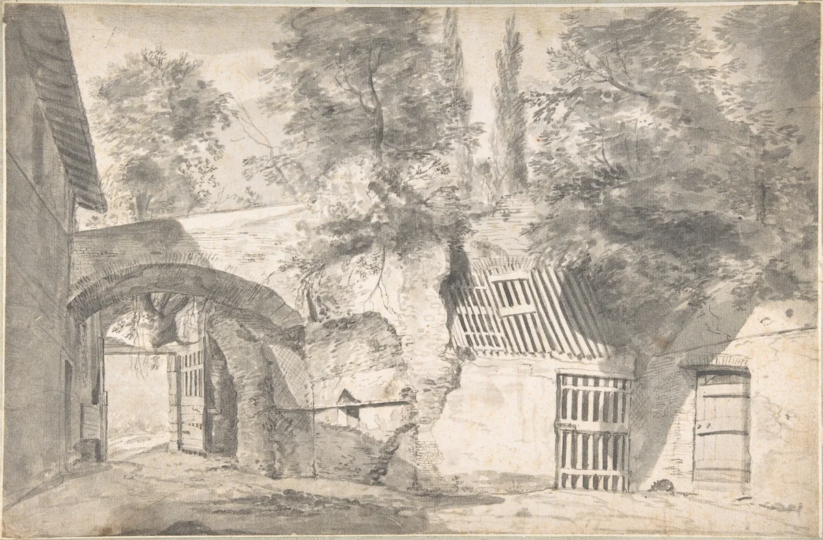 Courtyard of a Farmhouse by Thomas Wijck, drawing, 1629-1677