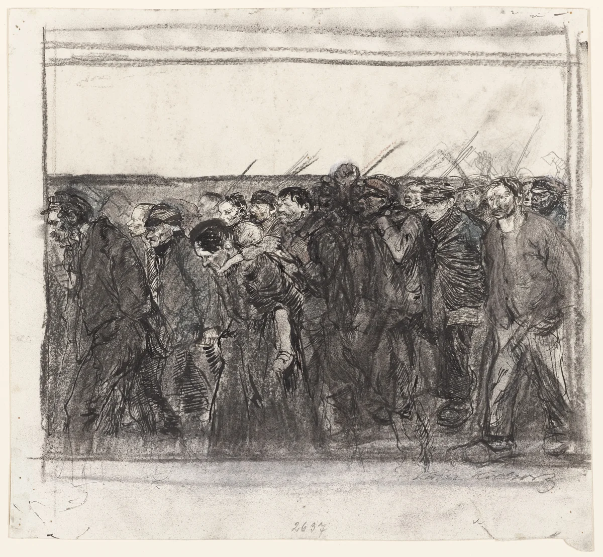Study for Marching Weavers (Weberzug) plate 4 of A Weavers’ Revolt by Käthe Kollwitz, drawing, 1896