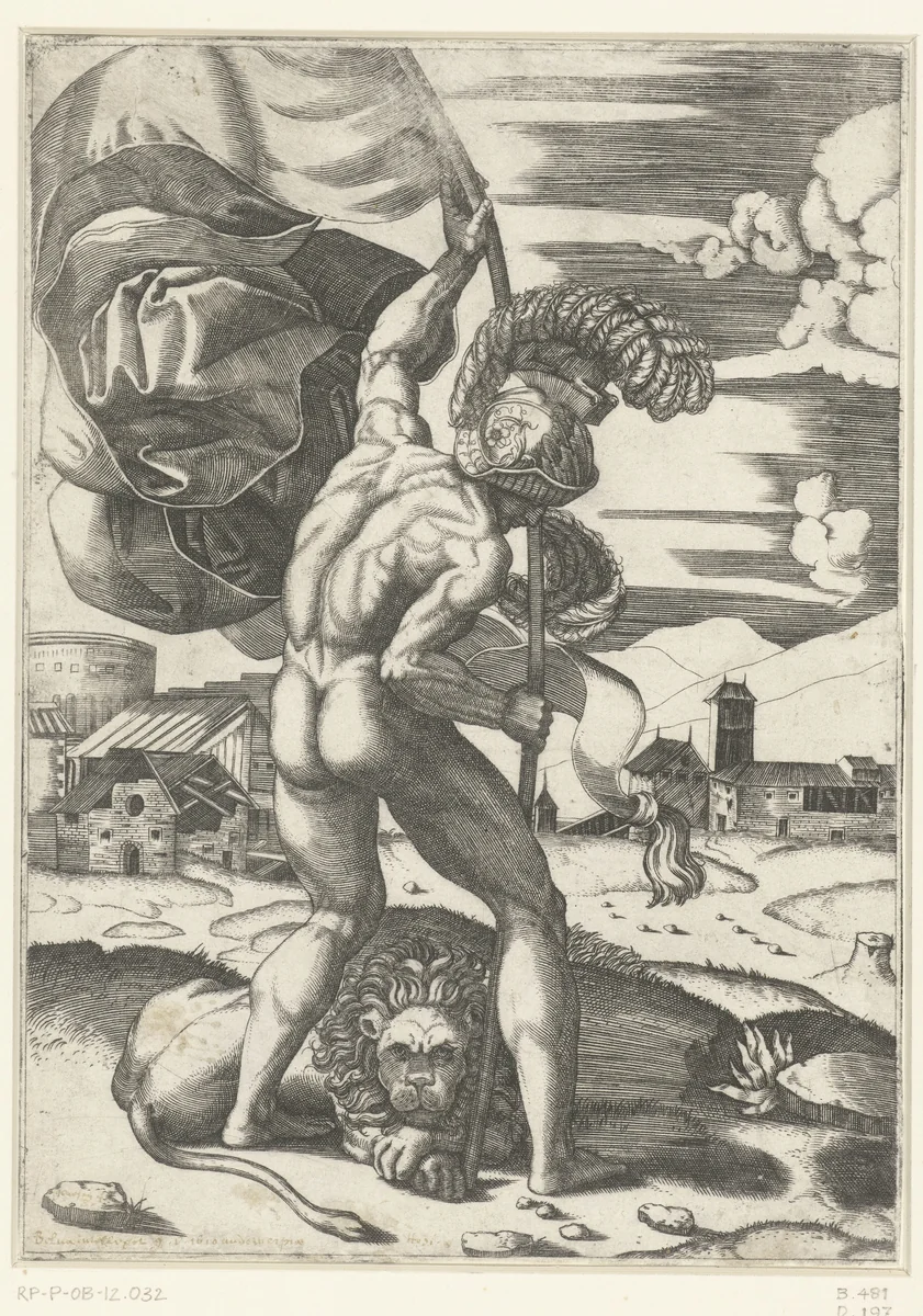 Naakte man met helm draagt een vlag staand bij een leeuw by Marcantonio Raimondi, print, 1510-1527