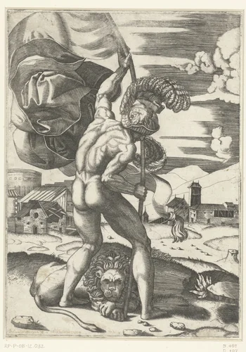 Naakte man met helm draagt een vlag staand bij een leeuw by Marcantonio Raimondi, print, 1510-1527