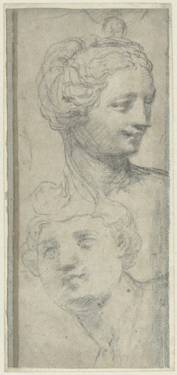Twee koppen by Michelangelo Anselmi, drawing, 1502-1556