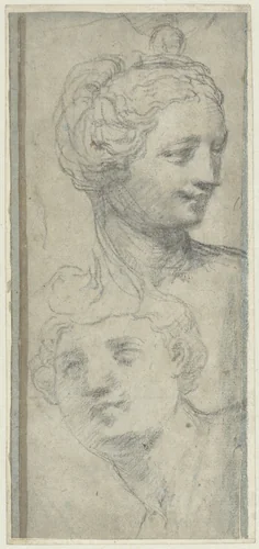Twee koppen by Michelangelo Anselmi, drawing, 1502-1556