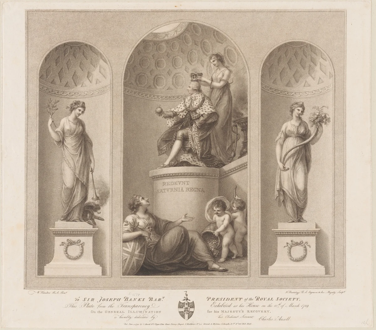 Allegory on the Recovery of the King by Francesco Bartolozzi
William Hamilton
Charles Ansell
James Matthews
Molteno, Colnaghi, & Co., print, 1790