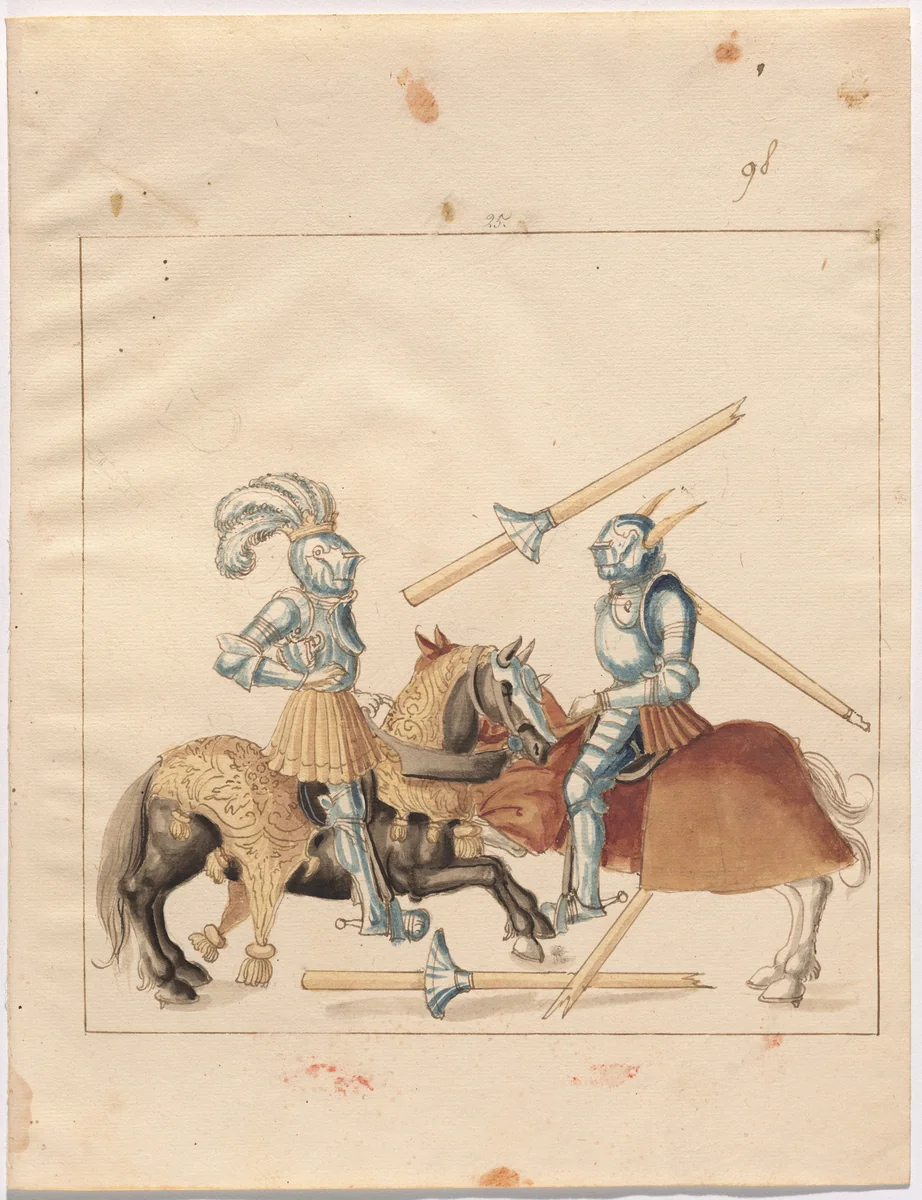 Mock Joust of War in Reinforced Field Armor by German 16th Century, drawing, 1515