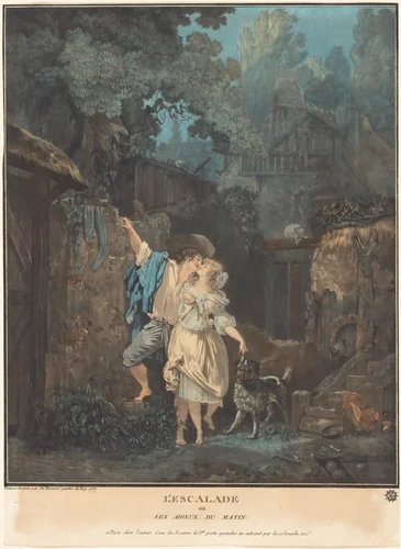 L'Escalade, ou les Adieux du Matin by Philibert Louis Debucourt, print, 1787