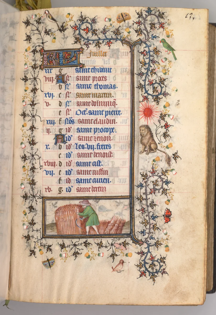 Hours of Charles the Noble, King of Navarre (1361-1425): fol. 7r, July by Master of the Brussels Initials and Associates, book, 1400-1410