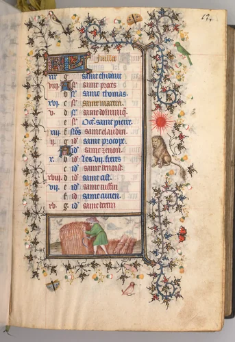 Hours of Charles the Noble, King of Navarre (1361-1425): fol. 7r, July by Master of the Brussels Initials and Associates, book, 1400-1410