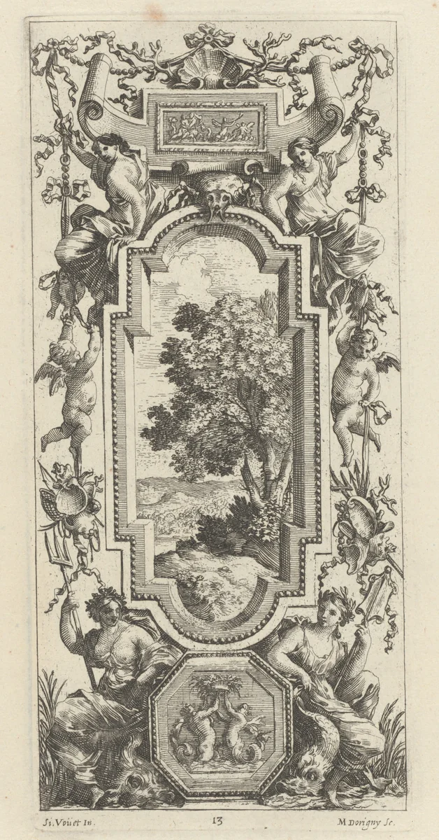 Ornamental Panel Surmounted by a Maritime Scene and a Shell by Michel Dorigny; Simon Vouet, print, 1647