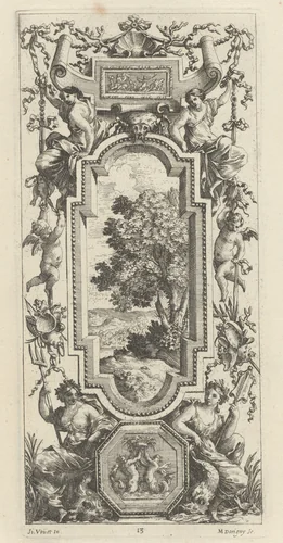 Ornamental Panel Surmounted by a Maritime Scene and a Shell by Michel Dorigny; Simon Vouet, print, 1647