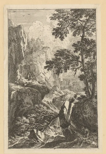 Rotsachtig landschap met rechts op de voorgrond een jager by Jeremias Wolf, print, 1714-1724