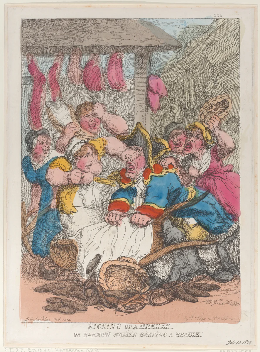 Kicking Up a Breeze or Barrow Women Basting a Beadle by Thomas Rowlandson, print, 1814