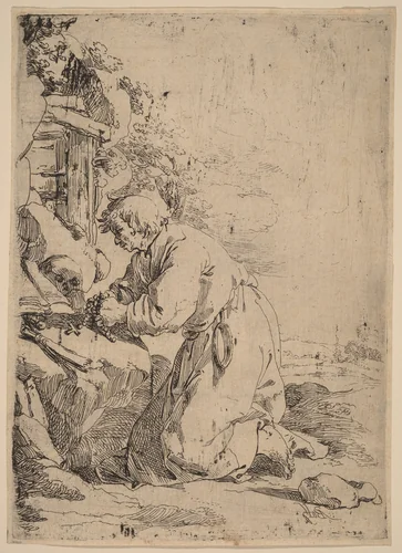 The Kneeling Hermit Facing Left by Andries Both, print, 1611-1641